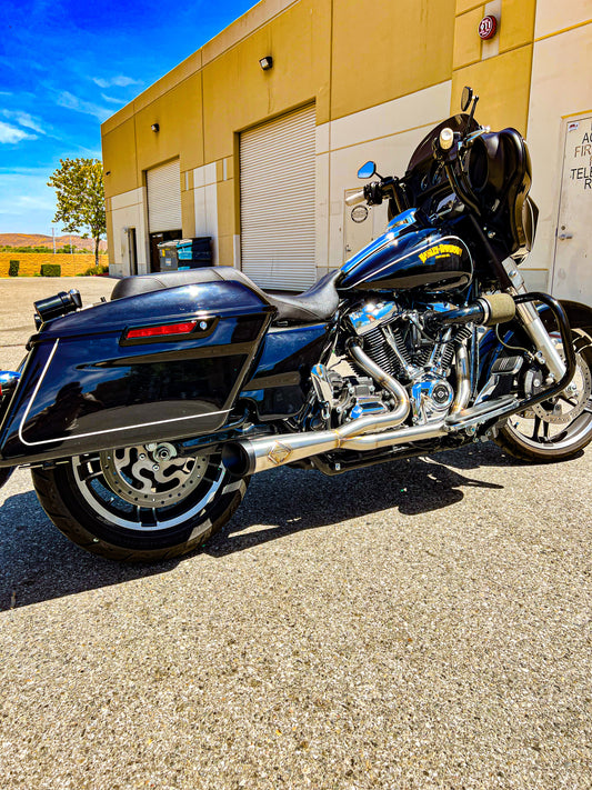 Stainless steel Cutback Exhaust up on Harley Davidson M8 Bagger Motorcycle